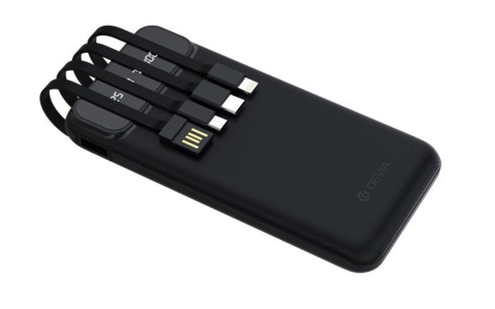 PowerBank Batteria Ricaricabile Devia serie Kintone - 10.000mah - con 4 cavi integrati - Nero