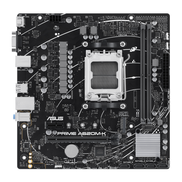 Scheda Madre Asus PRIME A620M-K - Socket AM5 - Supporta i processori AMD Socket AM5 Ryzen 7000 - 2x DDR5 - RAID 0, 1,10 - Vga, Hdmi - USB 3.2/2.0 - Gigabit LAN - Audio HD 7.1 - PCI Express x16 - mAT