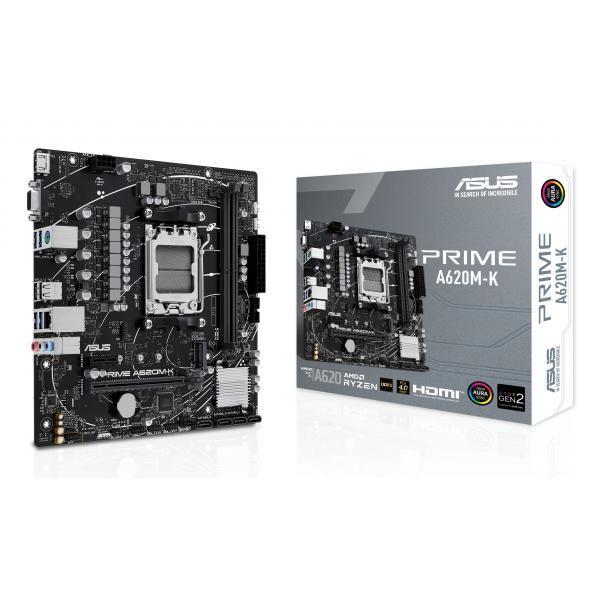 Scheda Madre Asus PRIME A620M-K - Socket AM5 - Supporta i processori AMD Socket AM5 Ryzen 7000 - 2x DDR5 - RAID 0, 1,10 - Vga, Hdmi - USB 3.2/2.0 - Gigabit LAN - Audio HD 7.1 - PCI Express x16 - mAT