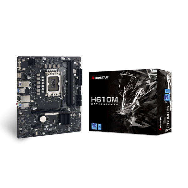 Scheda madre Biostar H610MH D5 - Supporto processori Intel Socket 1700 12th e 13th e 14th Gen Intel Core - Ram 2x DDR5 - Hdmi, D-Sub (Vga) - 8x Usb3.2 / 6x Usb2.0 - GLan - Audio HD - Micro-ATX