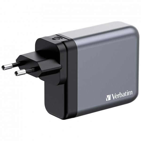 Alimentatore Verbatim - GaN - 140 Watt - 5 A - PD 3.0, Power Delivery 3.1, QC 3.0, PD/PPS - 4 porte di uscita (3 x USB-C, USB)