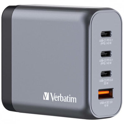 Alimentatore Verbatim - GaN - 140 Watt - 5 A - PD 3.0, Power Delivery 3.1, QC 3.0, PD/PPS - 4 porte di uscita (3 x USB-C, USB)
