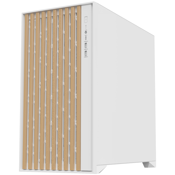 Case Itek Woody - Gaming Tower, ATX, 3x14cm White fan, 2xUSB3, Type-C, Wood Front, Temp Glass Side Panel, White Edition