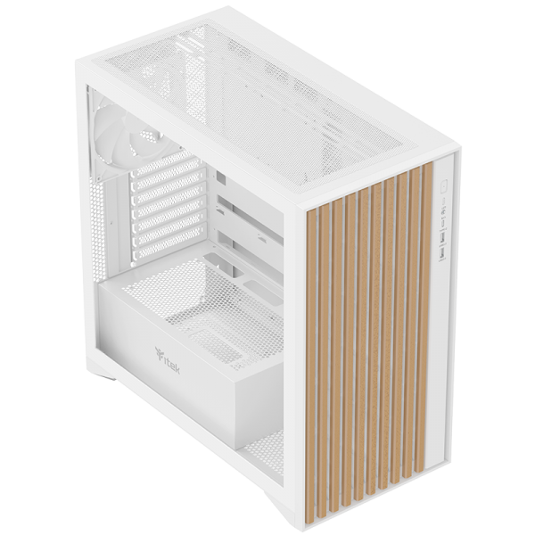 Case Itek Woody - Gaming Tower, ATX, 3x14cm White fan, 2xUSB3, Type-C, Wood Front, Temp Glass Side Panel, White Edition