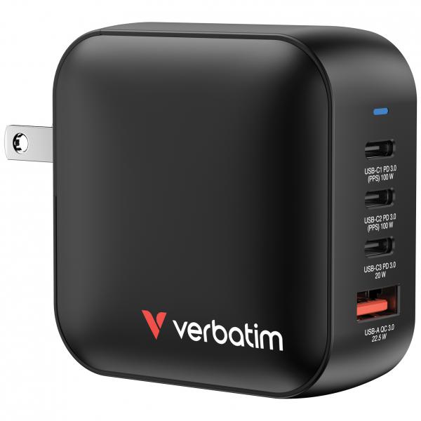 Verbatim Netzteil - GaN - 100 Watt - 5 A - PD 3.0, PD/PPS, QC 4.0 - 4 Ausgabeanschlussstellen (3 x USB-C, USB)