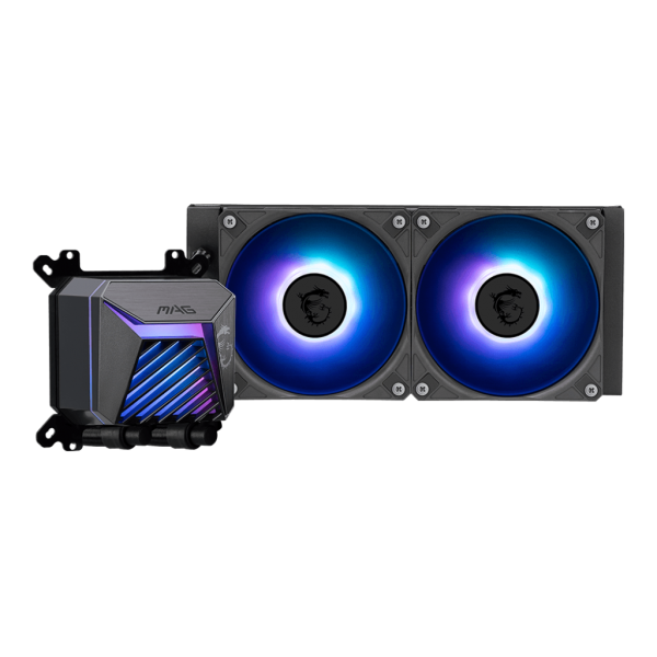 MSI MAG Coreliquid A15 240 è un sistema di raffreddamento liquido all-in-one con radiatore da 240mm e due ventole da 12cm. Offre prestazioni termiche eccezionali e illuminazione ARGB pe