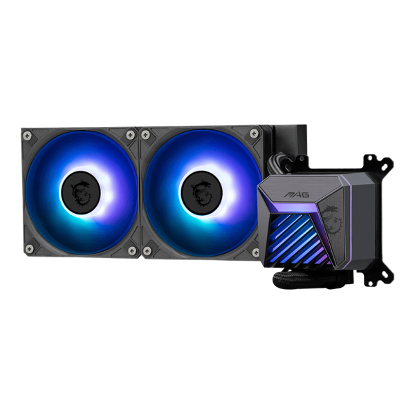 MSI MAG Coreliquid A15 240 è un sistema di raffreddamento liquido all-in-one con radiatore da 240mm e due ventole da 12cm. Offre prestazioni termiche eccezionali e illuminazione ARGB pe