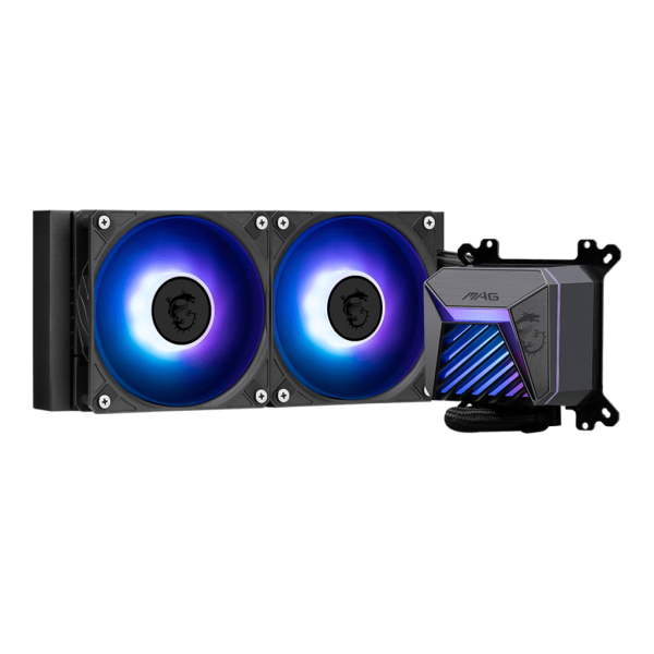 MSI MAG Coreliquid A15 240 è un sistema di raffreddamento liquido all-in-one con radiatore da 240mm e due ventole da 12cm. Offre prestazioni termiche eccezionali e illuminazione ARGB pe