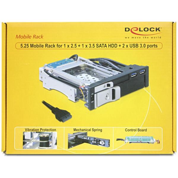 Delock Rack mobile 5.25 per 1 HDD SATA da 2,5 + 1 x 3,5 + 2 porte USB 3.0 - Rack di archiviazione mobile - 2,5", 3,5" (6,4 cm, 8,9 cm)