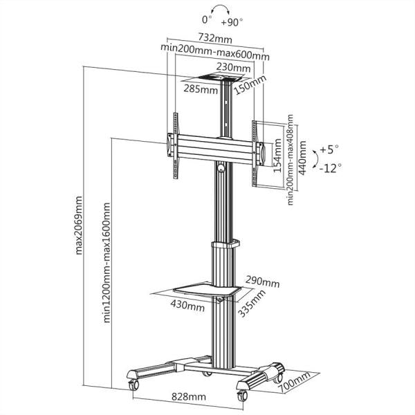 ROLINE CARRELLO TV ,PIVOT FUNCTION, 50 KG, 177.8CM, GRIGIO