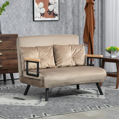 Divano Letto 3 in 1 in Tessuto Effetto Velluto con Schienale Regolabile e 2 Cuscini, 102x73x81 cm, Marrone Chiaro