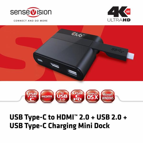 Mini dock con interfaccia Type-C con uscita video HDMI 2.0, Type-C e USB 2.0.