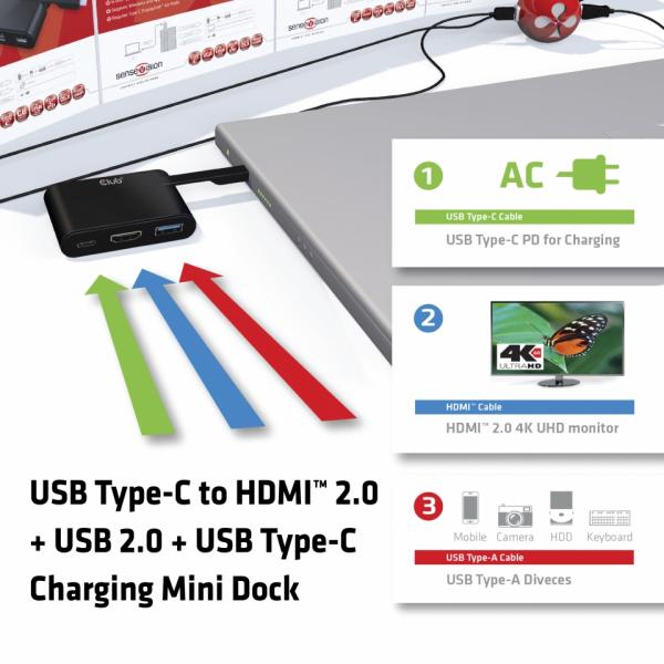 Mini dock con interfaccia Type-C con uscita video HDMI 2.0, Type-C e USB 2.0.