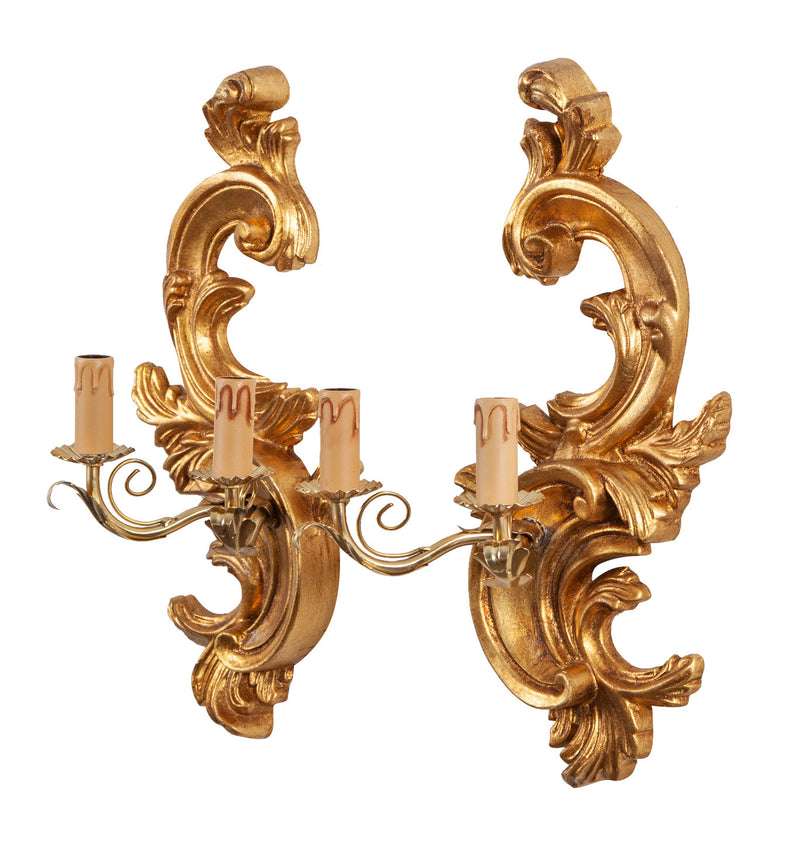 Biscottini Coppia di Lampade Applique Shabby in legno e ferro finitura foglia oro anticato Made In Italy