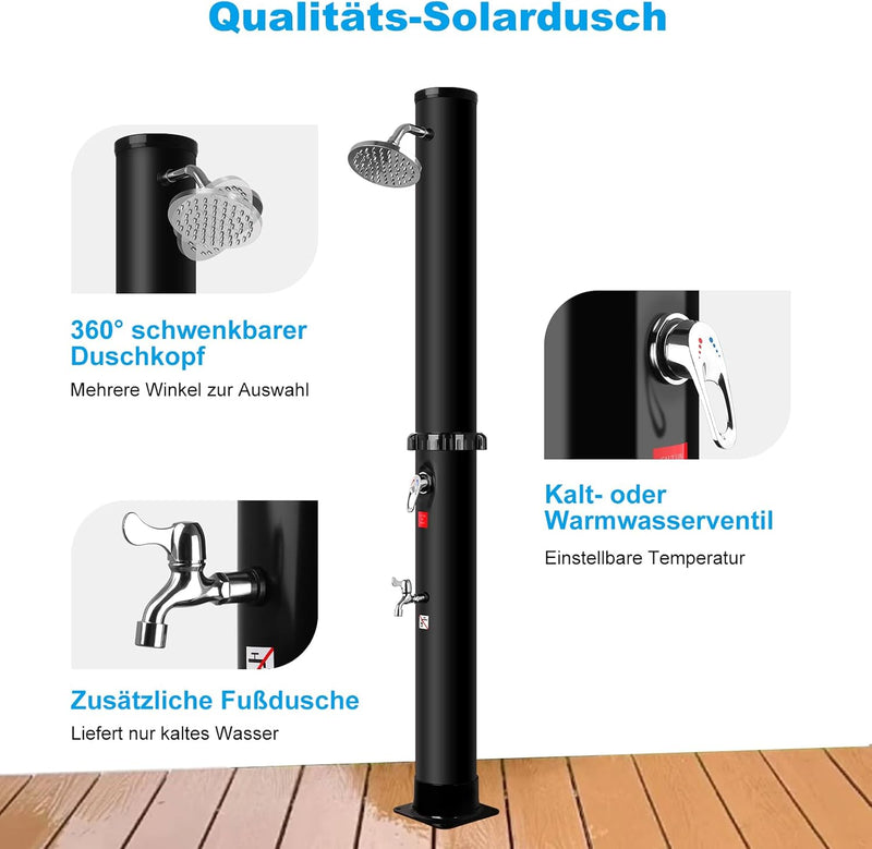 Doccia Solare da Giardino 40 Litri, Doccia Esterno con Soffione a Pioggia Regolabile a 360° e Rubinetto, Temperatura Mass