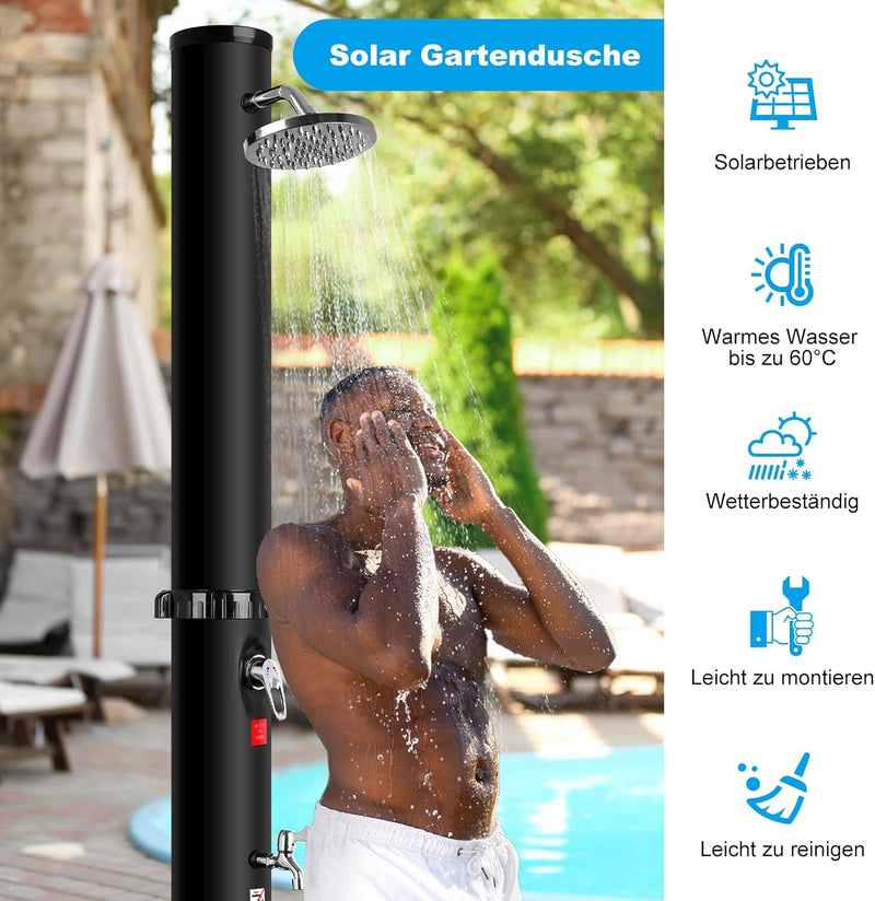Doccia Solare da Giardino 40 Litri, Doccia Esterno con Soffione a Pioggia Regolabile a 360° e Rubinetto, Temperatura Mass