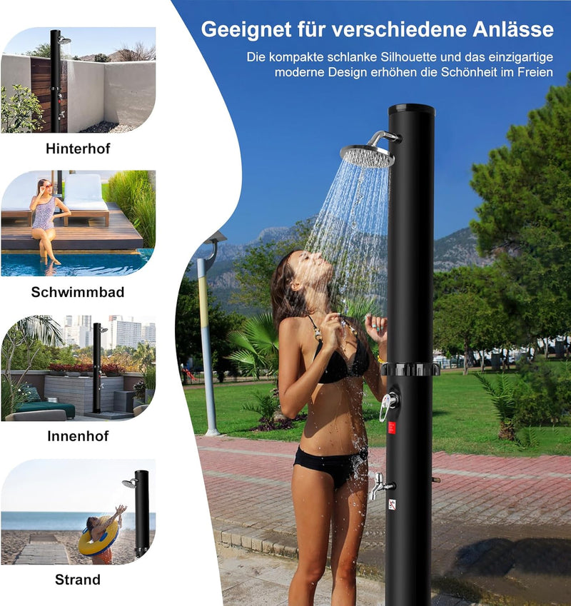 Doccia Solare da Giardino 40 Litri, Doccia Esterno con Soffione a Pioggia Regolabile a 360° e Rubinetto, Temperatura Mass