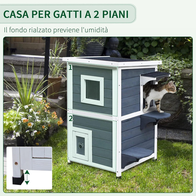 Cuccia per Gatti in Legno Impermeabile su 2 Piani, con Tetto Apribile, 51cm x 51cm x 81.3cm