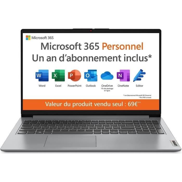 PC portatile LENOVO - IdeaPad 1 15IGL7 - 15.6 FHD - Celeron N4500 - RAM 4 GB - 128 GB - W11 + 1 anno Office - AZERTY