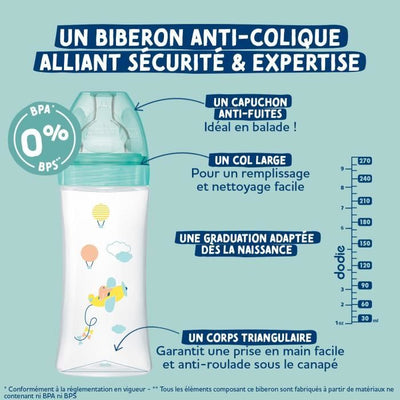 Confezione da 3 biberon - DODIE - EB19 - 270 ml - Tettarella piatta - Verde
