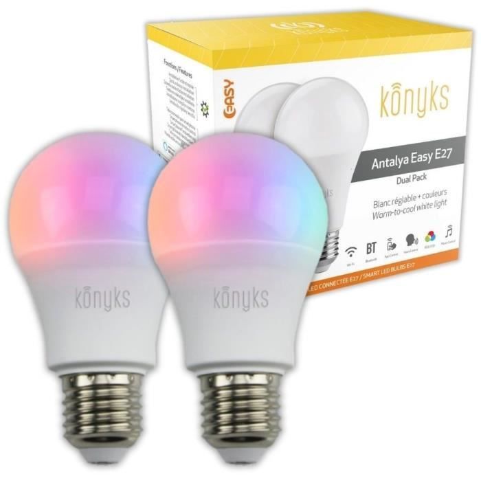 2 Lampadine LED - KONYKS - Antalya Easy E27 Dual Pack - Wifi + Bt - 11 W - Colori + Bianco - Compatibile con Alexa / Google Home