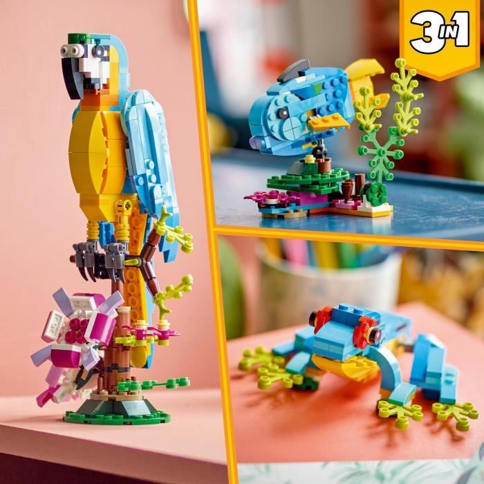 CREATORE LEGO 3-in-1 31136 pappagallo esotico, figurine per animali della giungla, con rana e pesce
