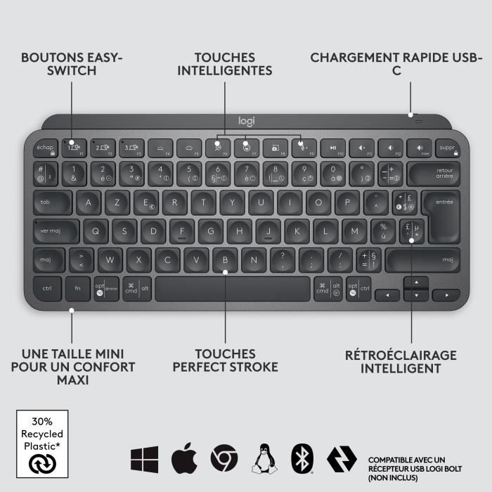 Logitech Wireless Keyboard - MX Keys Mini - GRAFITE - Compatta, Bluetooth, retroilluminata per MAC, iOS, Windows, Linux, Android