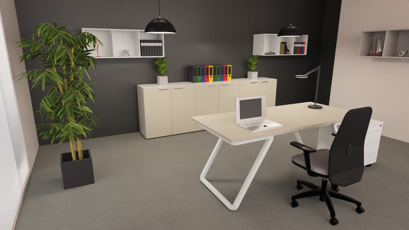 Contenitore basso da ufficio con ante battenti in melaminico in vari colori e struttura grigia cm. 90x43x87h