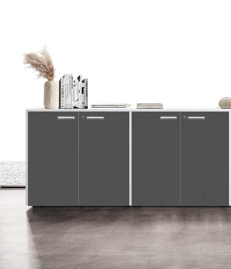 Contenitore basso per archiviazione con ante battenti in melaminico e struttura grigia cm. 180x43x87h