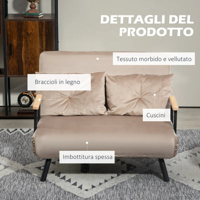 Divano Letto 3 in 1 in Tessuto Effetto Velluto con Schienale Regolabile e 2 Cuscini, 102x73x81 cm, Marrone Chiaro