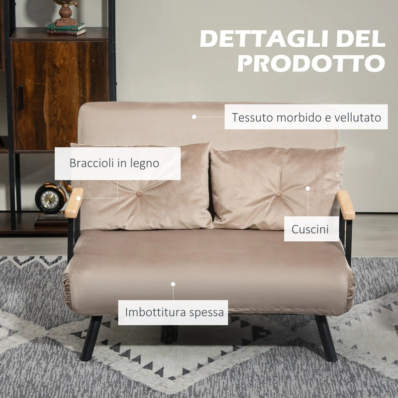 Divano Letto 3 in 1 in Tessuto Effetto Velluto con Schienale Regolabile e 2 Cuscini, 102x73x81 cm, Marrone Chiaro