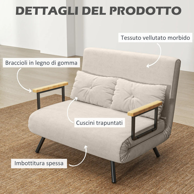 Divano Letto 3 in 1 in Tessuto Effetto Velluto con Schienale Regolabile e 2 Cuscini, 102x73x81 cm, Bianco Crema