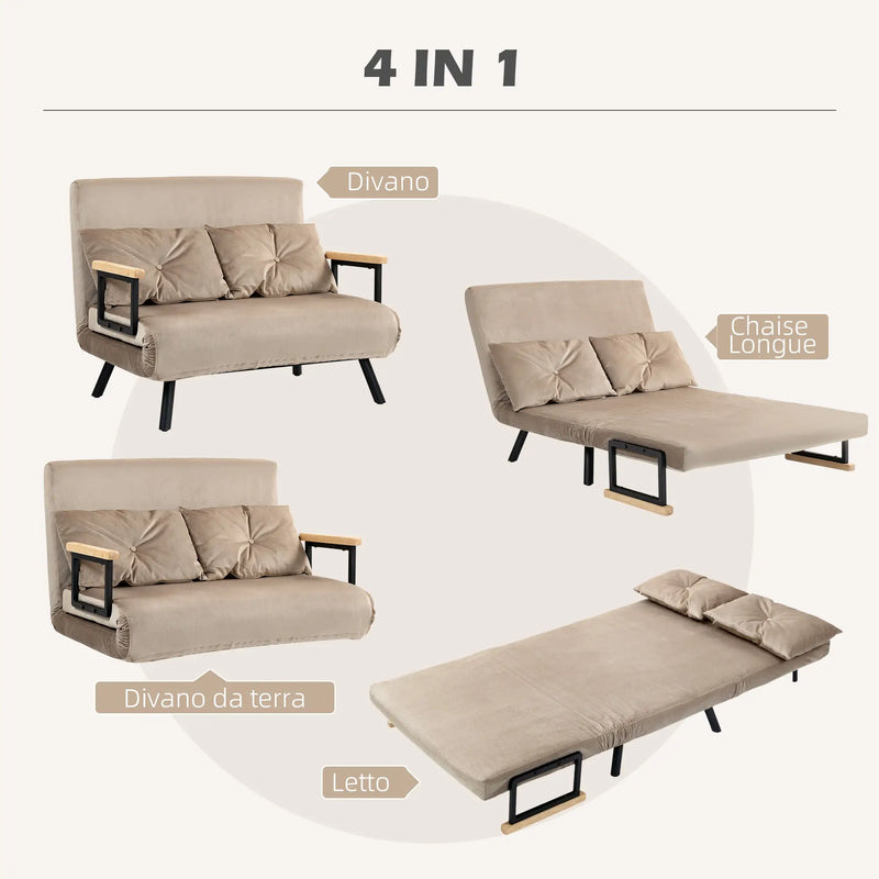 Divano Letto 3 in 1 in Tessuto Effetto Velluto con Schienale Regolabile e 2 Cuscini, 102x73x81 cm, Marrone Chiaro