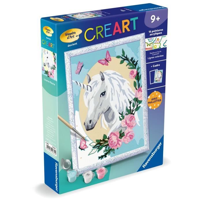 CreArt Kids 18x24cm Unicorno fiorito, età 9+, Kit di pittura con i numeri, Numero d&