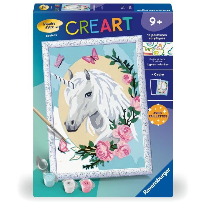 CreArt Kids 18x24cm Unicorno fiorito, età 9+, Kit di pittura con i numeri, Numero d&