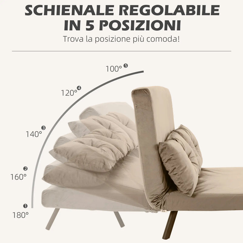 Divano Letto 3 in 1 in Tessuto Effetto Velluto con Schienale Regolabile e 2 Cuscini, 102x73x81 cm, Marrone Chiaro