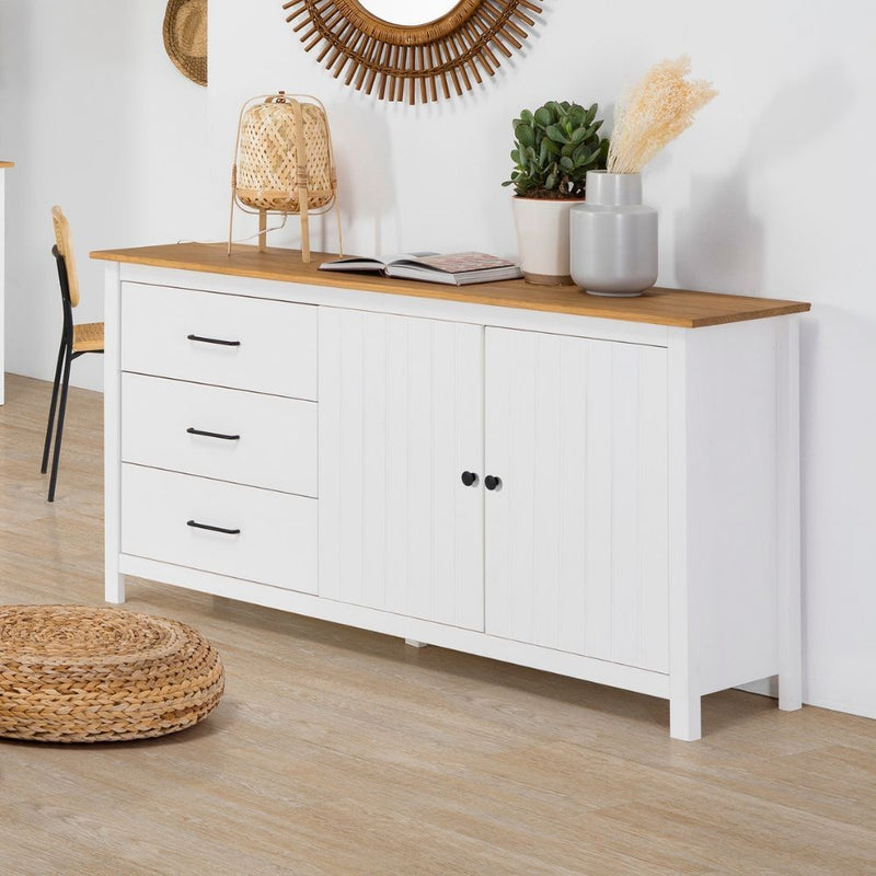 Credenza Miranda con 2 ante e 3 cassetti in legno massiccio bianco con top pino