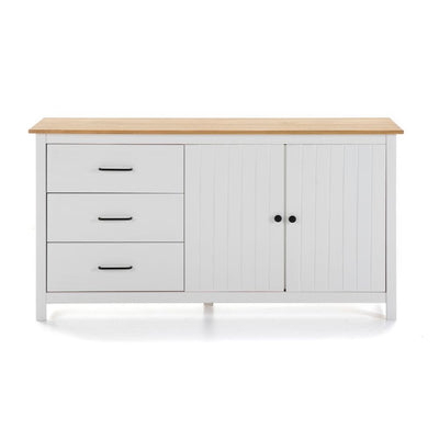 Credenza Miranda con 2 ante e 3 cassetti in legno massiccio bianco con top pino