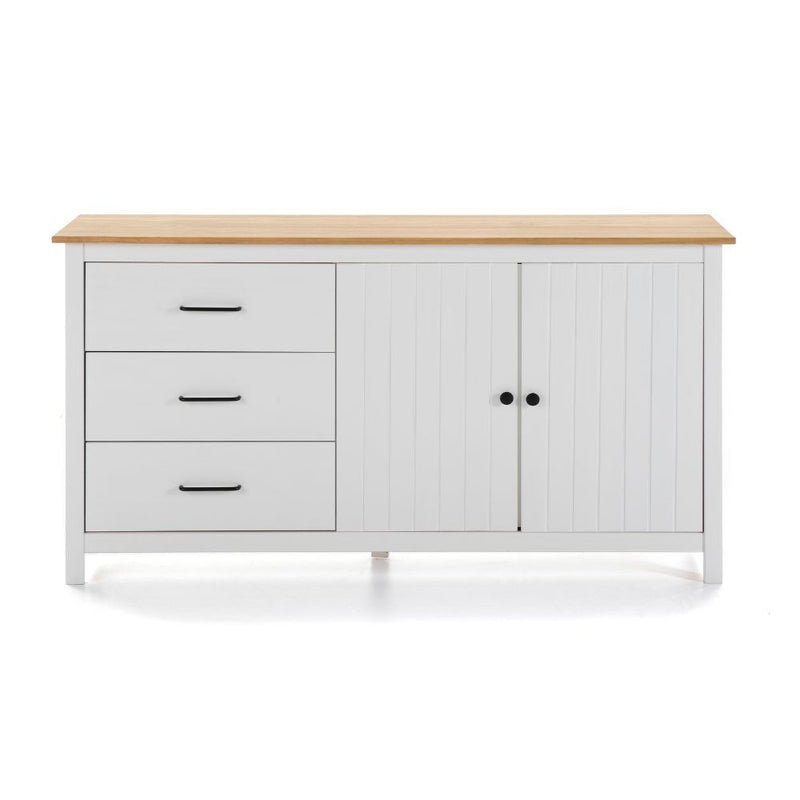 Credenza Miranda con 2 ante e 3 cassetti in legno massiccio bianco con top pino