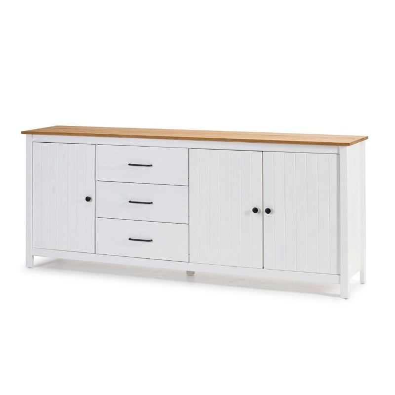 Credenza Miranda con 3 ante e 3 cassetti in legno massiccio bianco con top pino