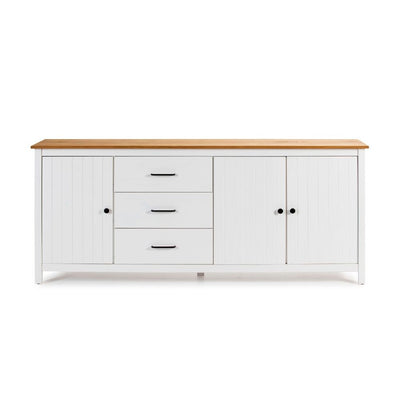 Credenza Miranda con 3 ante e 3 cassetti in legno massiccio bianco con top pino