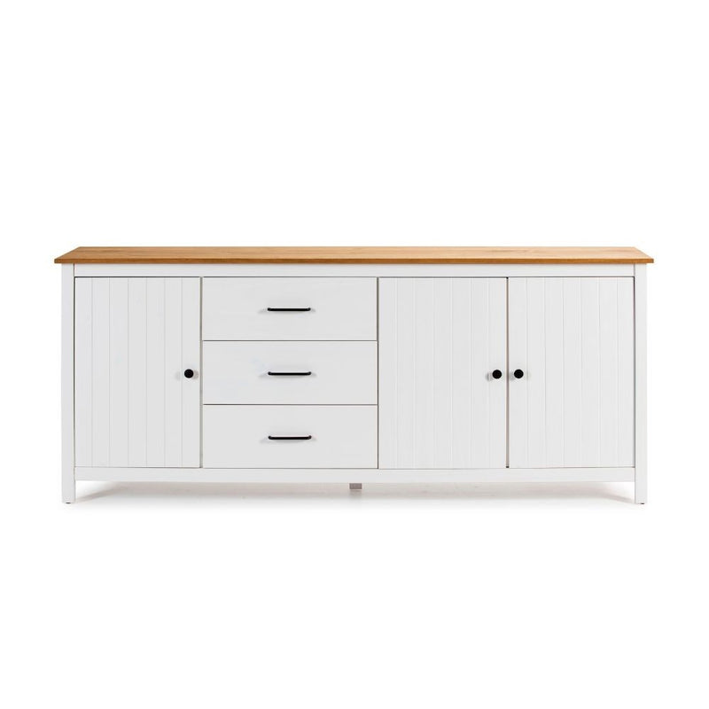 Credenza Miranda con 3 ante e 3 cassetti in legno massiccio bianco con top pino