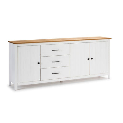 Credenza Miranda con 3 ante e 3 cassetti in legno massiccio bianco con top pino
