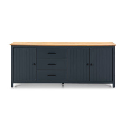 Credenza Miranda con 3 ante e 3 cassetti in legno massiccio blu con top pino