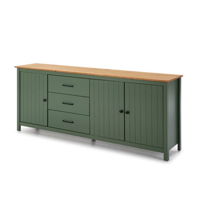 Credenza Miranda con 3 ante e 3 cassetti in legno massiccio verde con top pino