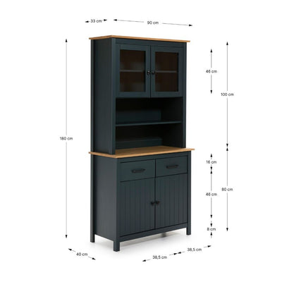 Credenza Miranda con vetrina 4 ante e due cassetti in legno massiccio blu e rovere