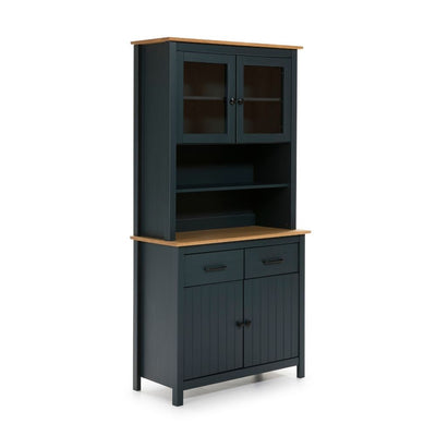 Credenza Miranda con vetrina 4 ante e due cassetti in legno massiccio blu e rovere