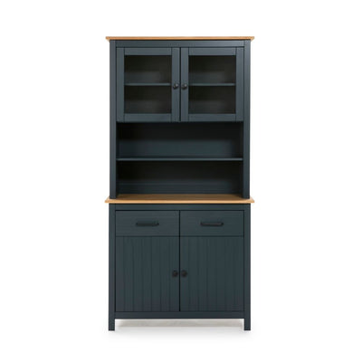 Credenza Miranda con vetrina 4 ante e due cassetti in legno massiccio blu e rovere