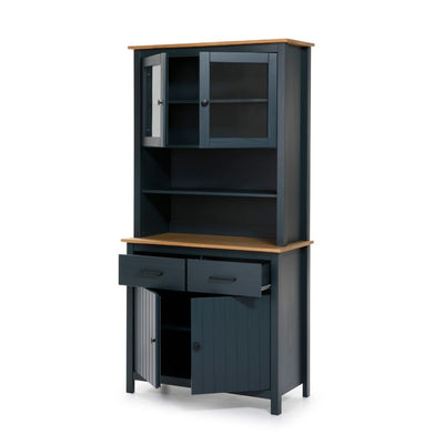 Credenza Miranda con vetrina 4 ante e due cassetti in legno massiccio blu e rovere