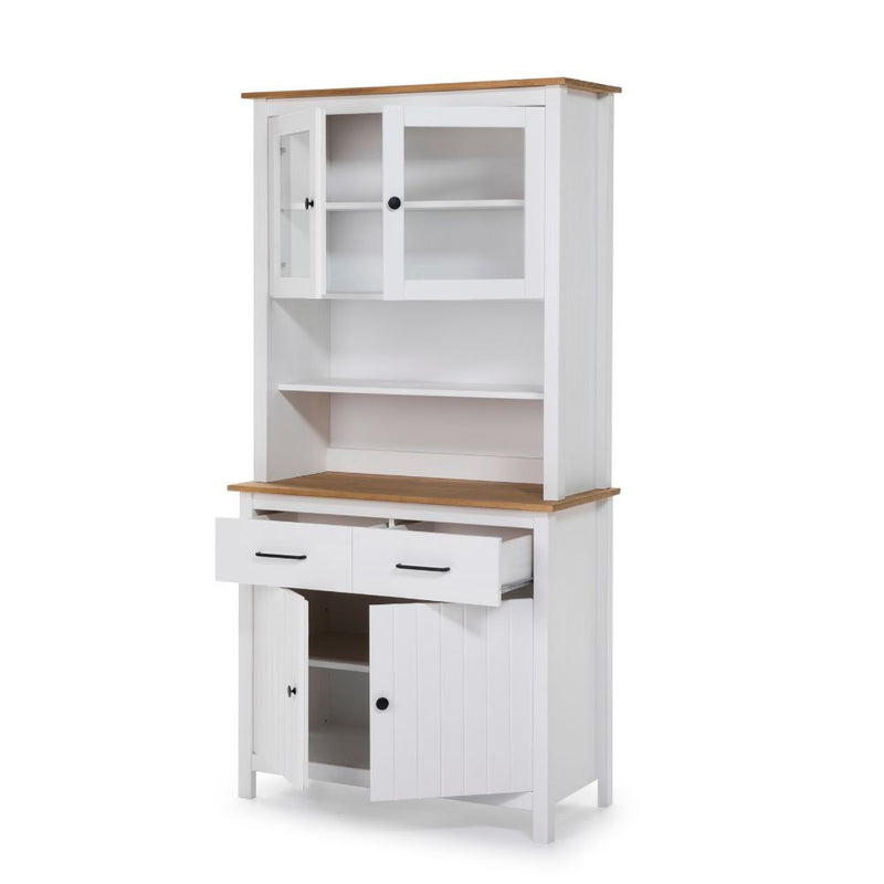 Credenza Miranda con vetrina 4 ante e due cassetti in legno massiccio colore bianco e rovere